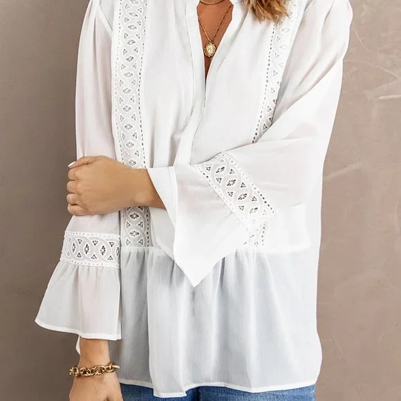 White Lace Ruffed Long Sleeve Blouse - Picture 5 of 6
